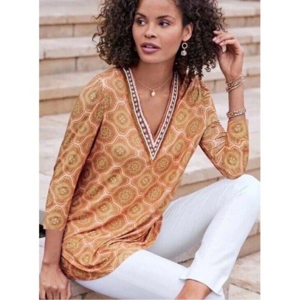 NWT Soft Surroundings Size 2X Lillia Beaded V Neck Tunic Top Medallion Print